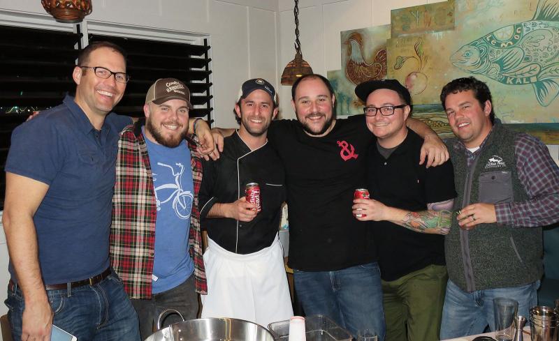 Winter Cocktail Party 2017 included some of Rehoboth's culinary luminaries. Happily posing (or perhaps holding one another up?) are (l-r), LaVida Hospitality boss Josh Grapski, marketing guru Tom Little, Fork + Flask Executive Chef Sean Corea, Chesapeake & Maine lead barkeep Rob Bagley, a(MUSE.) chef/owner Hari Cameron and Dogfish Head Spirits' Jason King. BOB YESBEK PHOTO